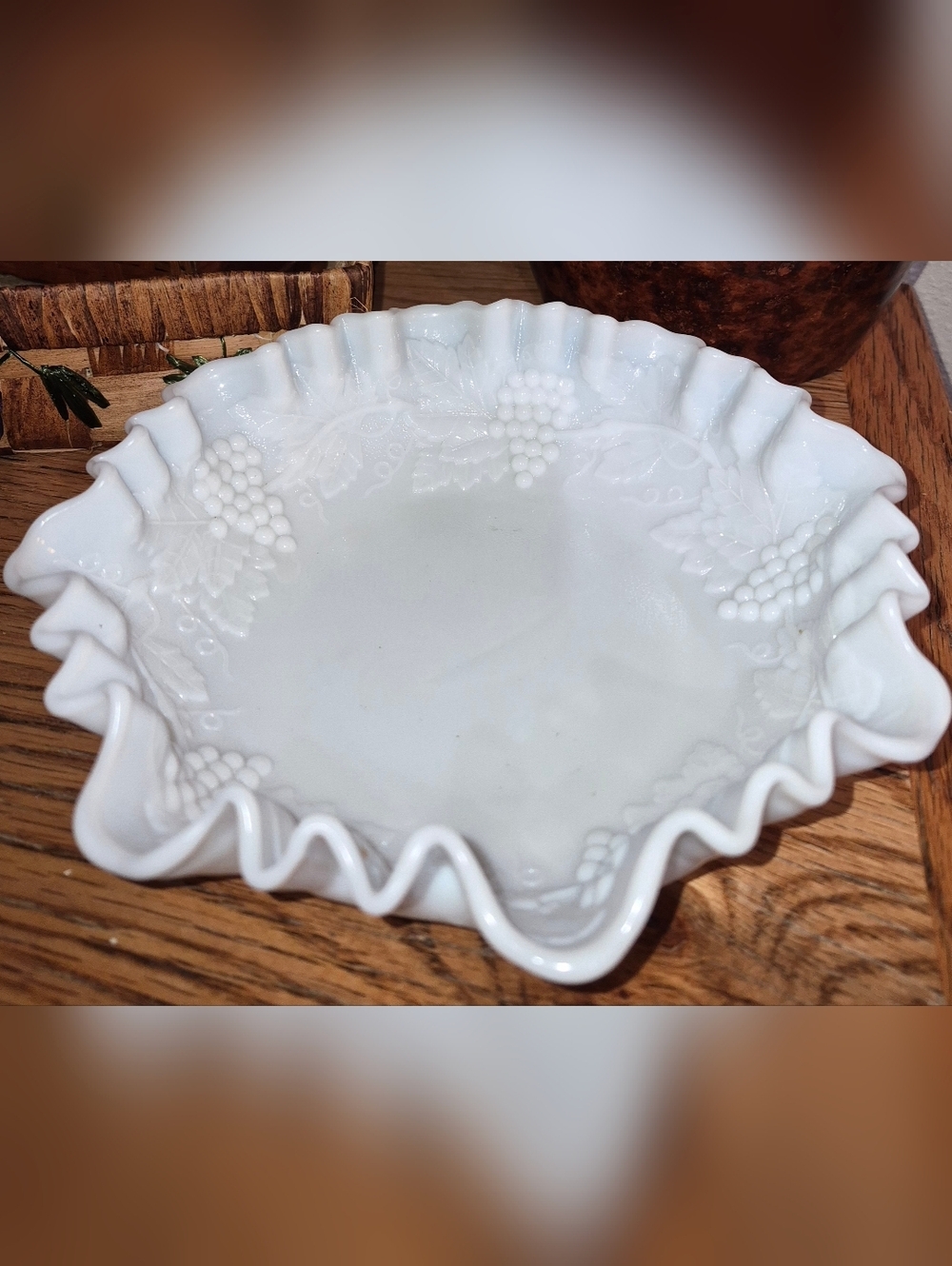 Vintage White Milk Glass Bowl features the "Harvest Grape"  Imperial Glass Co